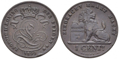 БЕЛЬГИЯ 1 САНТИМ 1899 BELGEN KM 34.1 медь 116-719