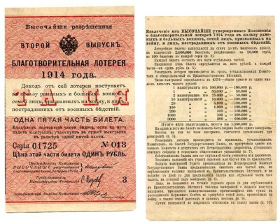 Россия 1 рубль 1914 1/5 часть билета. Благотворительная лотерея 1914 года. Второй выпуск. В пользу раненых и больных воинов бумага 504-21-2-1