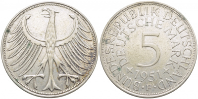 ФРГ 5 марок 1951 F, KM 112.1 серебро 111-735