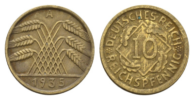 Германия 10 рейхспфеннигов 1935 A KM 40, J. 317 алюминиевая бронза 4611-1134