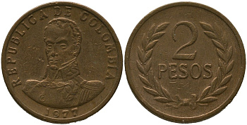 Колумбия 2 песо 1977 KM 263 бронза 4538-121