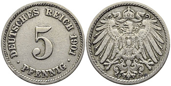 ГЕРМАНИЯ 5 ПФЕННИГОВ 1901 F KM 11, Jager 12, Weege 6 медно-никель 4547-419