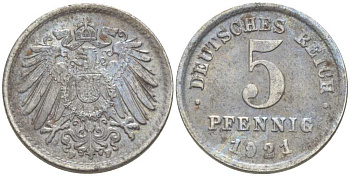 ГЕРМАНИЯ 5 ПФЕННИГОВ 1921 F KM 19, J. 297, Weege 5 железо 206-745