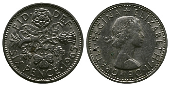 Великобритания 6 пенсов 1965 Елизавета II (1952-2022) KM 903, Spink 4149 медно-никель 4381-835