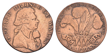 Великобритания, Мидлсекс 1/2 пенни 1795 Национальная серия - Принц Уэльский, гурт - надпись, токен Dalton & Hamer 962 медь 3711-821