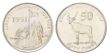 Эритрея 50 центов 1997 год-тип KM 47 сталь плакированная никелем UNC 4666-353