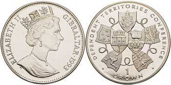 Гибралтар 1 крона 1993 конференция зависимых территорий KM 200 медно-никель BUNC 1084-8-62