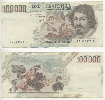 Италия 100000 лир 1983 Караваджо, фруктовый букет, подпись Speziali Pick 110b бумага 7220-22-1