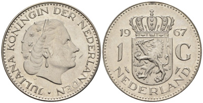 Нидерланды 1 гульден 1967 Юлиана (1948-1980) KM 184a никель UNC 4579-456