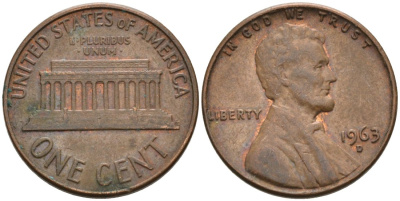 США 1 цент 1963 D, Линкольн KM 201 медь цинк 4564-425