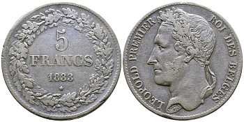Бельгия 5 франков 1833 Леопольд I (1831-1865), в венке KM 3.1 серебро 74-1035