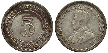 Стрейтс-Сетлментс 5 центов 1926 Георг V (1910-1936) КМ 36 серебро 53-547