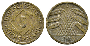 ГЕРМАНИЯ 5 РЕЙХСПФЕННИГОВ 1925 D, KM 39, J. 316 алюминиевая бронза 4380-1033
