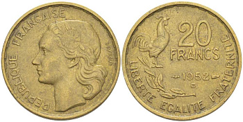 ФРАНЦИЯ 20 ФРАНКОВ 1952 В KM 917.2, LE FRANC 402.10 алюминиевая бронза 175-654