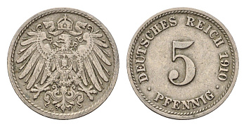 Германия 5 пфеннигов 1910 D, Вильгельм II (1888-1918) KM 11, J. 12 медно-никель 4636-216