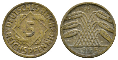 ГЕРМАНИЯ 5 РЕЙХСПФЕННИГОВ 1925 D, KM 39, J. 316 алюминиевая бронза 4380-1033