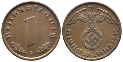 ГЕРМАНИЯ 1 РЕЙХСПФЕННИГ 1940 A KM 89, J. 361 бронза 71-1566