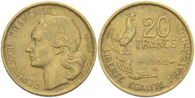 ФРАНЦИЯ 20 ФРАНКОВ 1952 В KM 917.2, LE FRANC 402.10 алюминиевая бронза 175-654