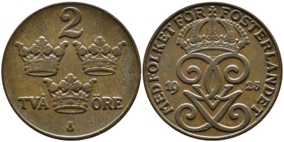 Швеция 2 эре 1925 Густав V (1907-1950) KM 778 бронза 80-1254