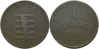 Саксен-Веймар-Эйзенах 4 пфеннига 1810 Карл Август (1758-1809-1828), линия под датой KM 60a, Koppe 609, AKS 9, Jaeger 510 медь    65-613
