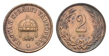 Венгрия 2 филлера 1897 KB, Франц Иосиф I (1848-1916) KM 481 бронза 72-1647