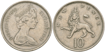Великобритания 10 пенсов 1968 Елизавета II (1952-2022) KM 912, Spink 4231 (F1) медно-никель 4364-3823