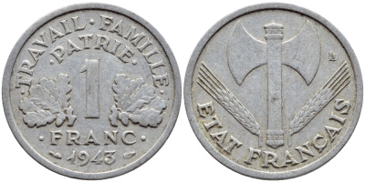 ФРАНЦИЯ 1 ФРАНК 1943 LB, ТИП LEGERE, ПРАВИТЕЛЬСТВО ВИШИ KM 902.1, LE FRANC 223.3 алюминий 4397-644