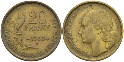 Франция 20 франков 1951 Петух KM 917.1 алюминиевая бронза 4142-1237