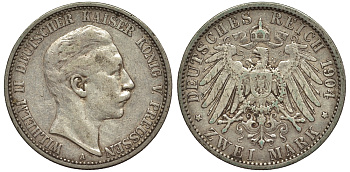 Пруссия 2 марки 1904 A, Вильгельм II (1888-1918) J.102, Weege 101, KM 522 серебро 02-014-32