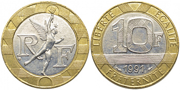 Франция 10 франков 1991 тип Гений Бастилии KM 964.1, Le Frank 375.6 биметалл 110-1041