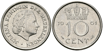 НИДЕРЛАНДЫ 10 ЦЕНТОВ 1961 ЮЛИАНА KM 182 никель 96-449