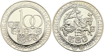 Австрия 100 шиллингов 1977 500 лет монетному двор Халл KM 2936 серебро UNC 02-118-34