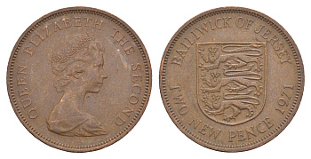 Джерси 2 новых пенса 1971 герб, Елизавета II (1952-2022) KM 31 бронза 4656-1122
