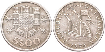 Португалия 5 эскудо 1974 KM 591 медно-никель 4143-511