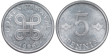 ФИНЛЯНДИЯ 5 ПЕННИ 1986 KM 45а алюминий UNC 3334-1112