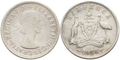 АВСТРАЛИЯ 6 ПЕНСОВ 1958 m, ЕЛИЗАВЕТА II (1953-), ГЕРБ АВСТРАЛИИ, ПРОБА 500, ДИАМЕТР 28,5 ММ. KM 58 серебро 4516-129