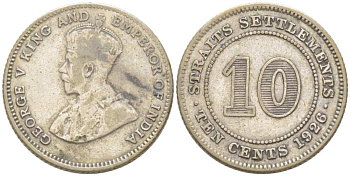 Стрейтс-Сетлментс 10 центов 1926 Георг V (1910-1936) KM 29b серебро 218-849