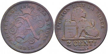 БЕЛЬГИЯ 2 САНТИМА 1912 BELGES KM 64 медь 4448-621