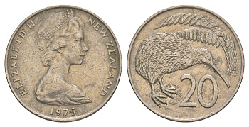 Новая Зеландия 20 центов 1975 Елизавета II (1952-2022), птичка киви KM 36.1 медно-никель 4182-1053