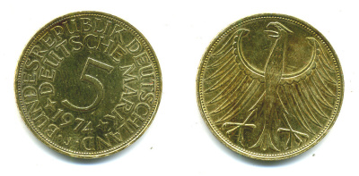 ФРГ 5 МАРОК 1974 J, ПОЗОЛОТА, KM 112.1, J. 387 серебро 54-1217