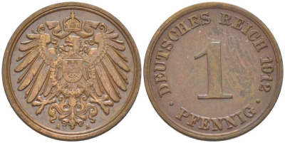 ГЕРМАНИЯ 1 ПФЕННИГ 1912 A KM 10, J. 10, Weege 2 медь 211-462