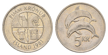 Исландия 5 крон 1981 дельфины KM 28 медно-никель 4691-356