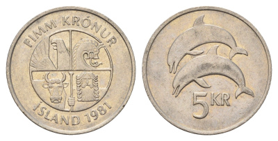 Исландия 5 крон 1981 дельфины KM 28 медно-никель 4691-356