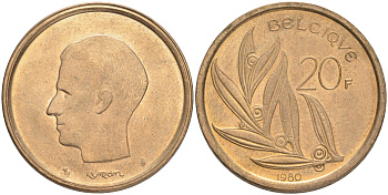 Бельгия 20 франков 1980 Belgique, Бодуэн I (1951-1993) KM 159 никель бронза 4556-653