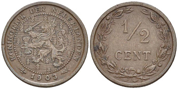 НИДЕРЛАНДЫ 1/2 ЦЕНТА 1903 ВИЛЬГЕЛЬМИНА I (1891-1948) KM 133 бронза 4547-1236