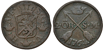 Швеция 2 эре 1764 S.M. Адольф Фредерик (1751-1771) диаметр 34 мм, вес 28,3 гр KM 461 медь 4179-331