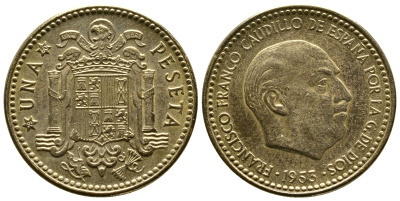 ИСПАНИЯ 1 ПЕСЕТА 1953 (60) ФРАНСИСКО ФРАНКО ДИКТАТОР ИСПАНИИ (1939-1975) KM 775 алюминиевая бронза 93-334