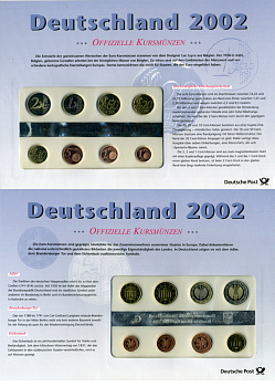 ГЕРМАНИЯ ЕВРОНАБОР ИЗ 8 МОНЕТ 2002 1, 2, 5, 10, 20, 50 ЕВРОЦЕНТОВ, 1, 2 ЕВРО, G, В ОРИГИНАЛЬНОМ БУКЛЕТЕ, ПЛЮС КОМПЛЕКТ МАРОК PROOF 06-081-26