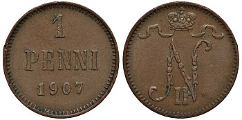РОССИЯ ДЛЯ ФИНЛЯНДИИ 1 ПЕННИ 1907 НИКОЛАЙ II Биткин 468 медь 3309-828
