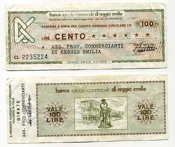 Италия чек на 100 лир 1976 Banca AgricoLa Commerciale Di Reggio Emilia, ассоциация торговцев Reggio Emilia, 3 марта 1976 бумага 8588-11-1-1
